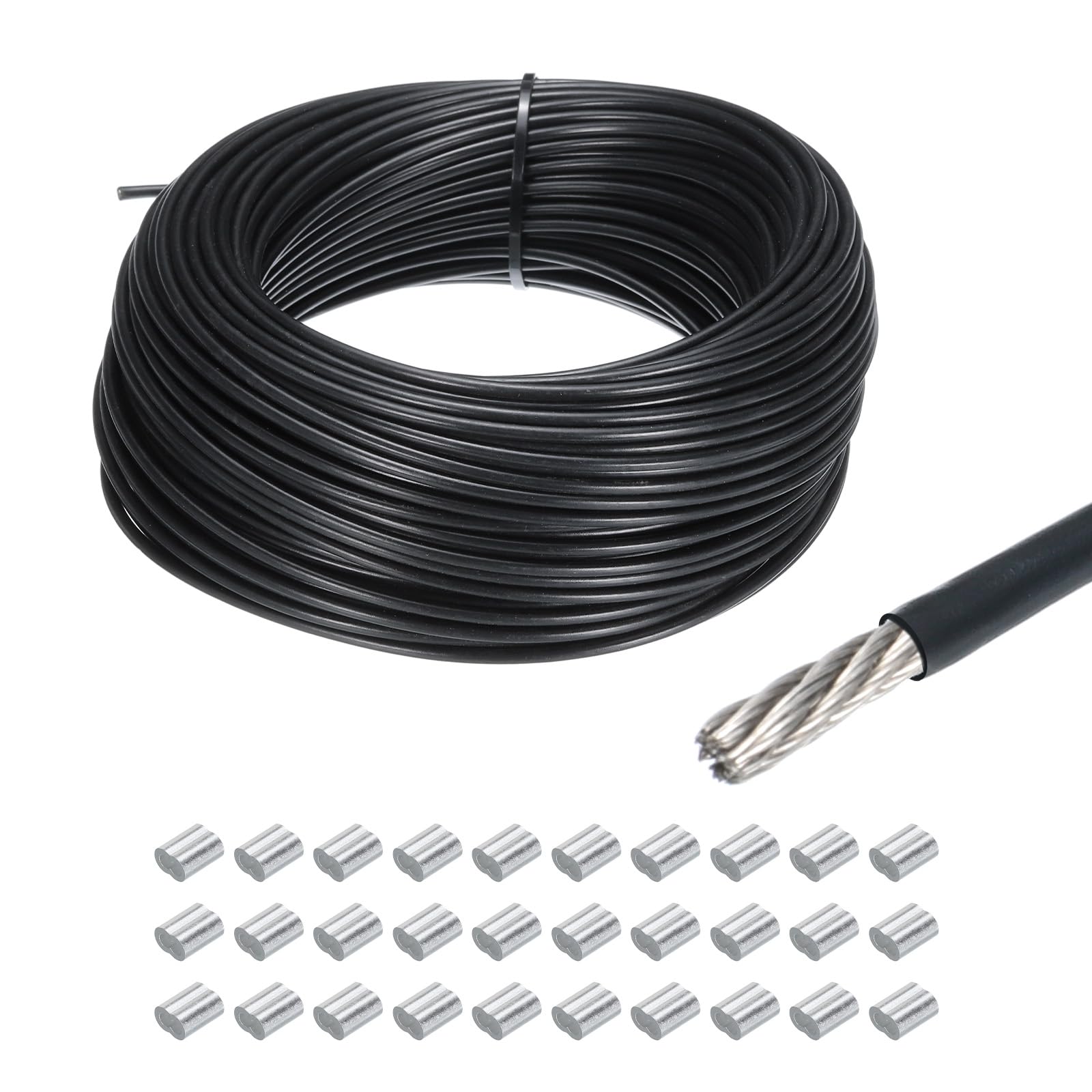 QUARKZMAN 164 Pies (50M) Alambre Cuerda 304 Inoxidable Acero Cable 1/8"(3mm) Vinilo Recubierto con 30uds Aluminio Fundas para Colgar, Tendederos, Levantar Negro