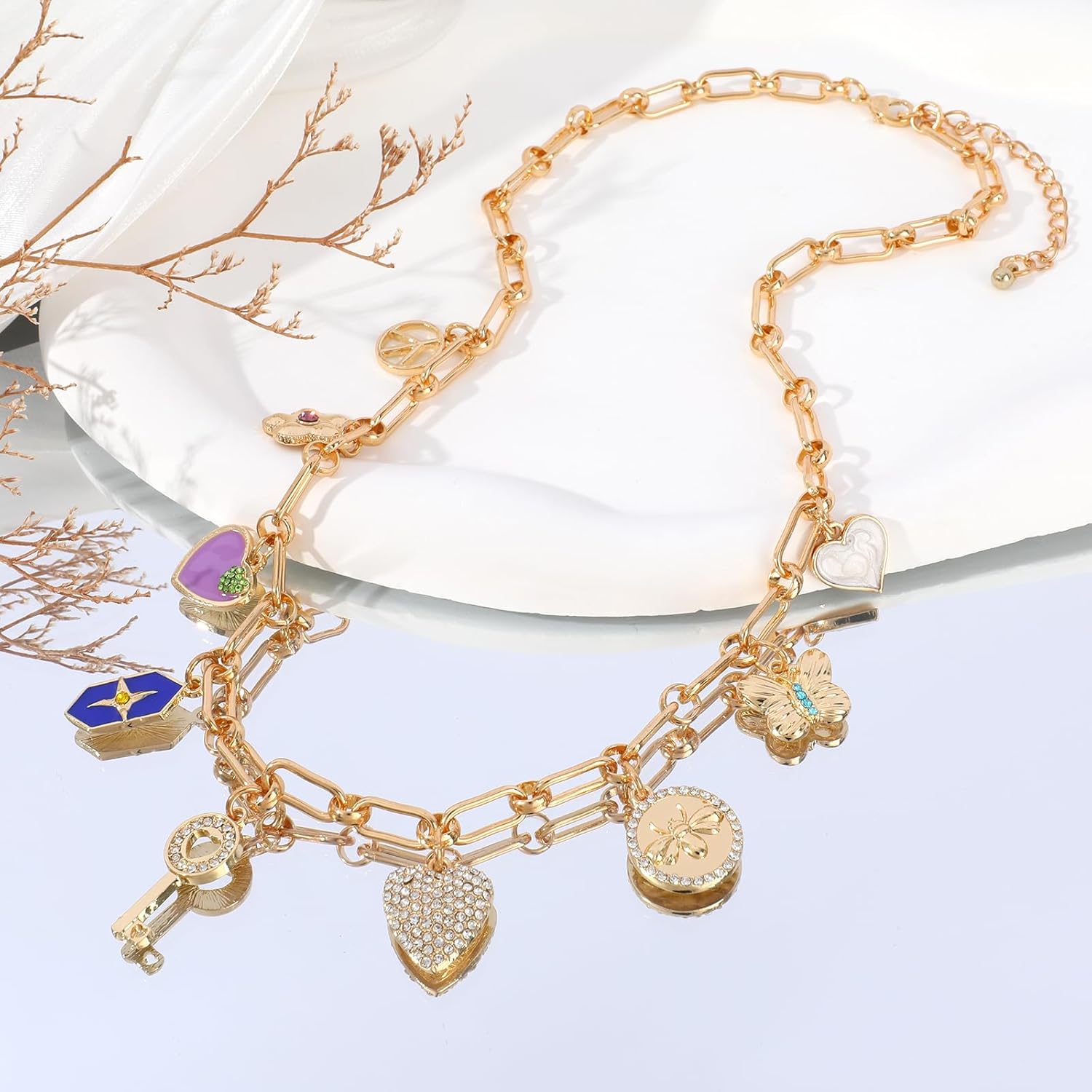 Gold Charm Necklace for Women Gold Plated Chain Pendant Necklace with Cute Dangle CZ Love Heat Lock Key Star Clover Cross Pendant Adjustable Trendy Y2K Party Jewelry Gift for Teen - Image 3