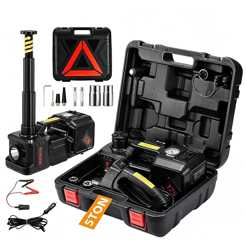 Kit Macaco Hidráulico Elétrico Automotivo TYAYT 5 t 12 V com Parafusadeira de Impacto, Inflador, Luz LED e Sinalizador JACK-24