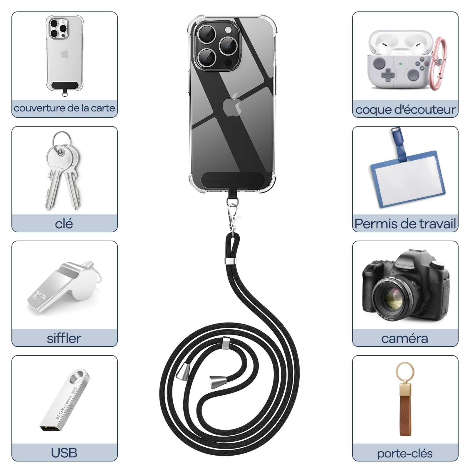 caslord Cordon Telephone Portable, avec 2 Patchs Noirs Durables, Lanière de Téléphone Portable 1,6m Adjustable, Collier Compatibles avec Tous Les Smartphones et Plupart des Coques-Noir