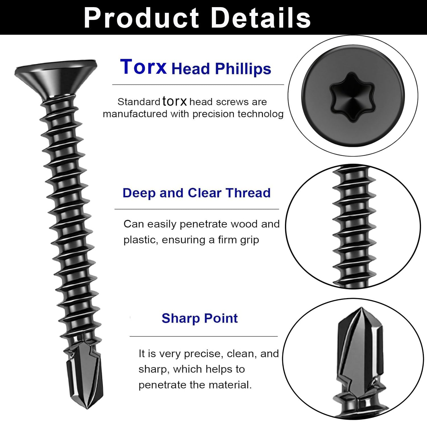 100 sztuk wkrętów Torx, wkręty samowiercące, z łbem stożkowym, M4, 2 x 38 mm, samowiercące się wkręty ze stali nierdzewnej, 410, czarne, do metalowych, asortyment 1 bitów TX20