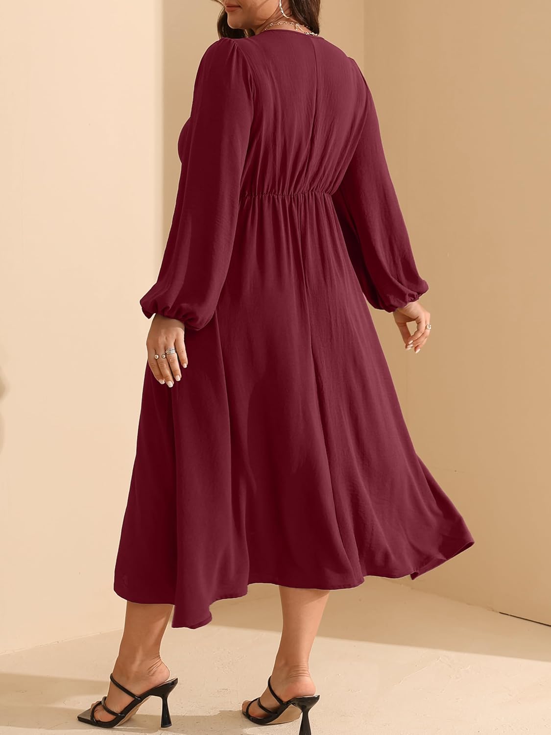 RWJ Fall Wedding Guest Dresses for Women Plus Size V Neck Long Sleeve Tie Front Cocktail Maxi Dress with Pockets - Image 2