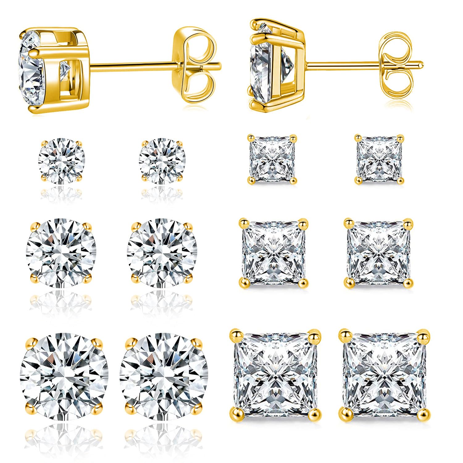 6 Pairs Stud Earrings 3mm/5mm/7mm Princess & Round Cubic Zirconia Earrings Hypoallergenic 316L Surgical Stainless Steel CZ Earrings for Women Men-image-39