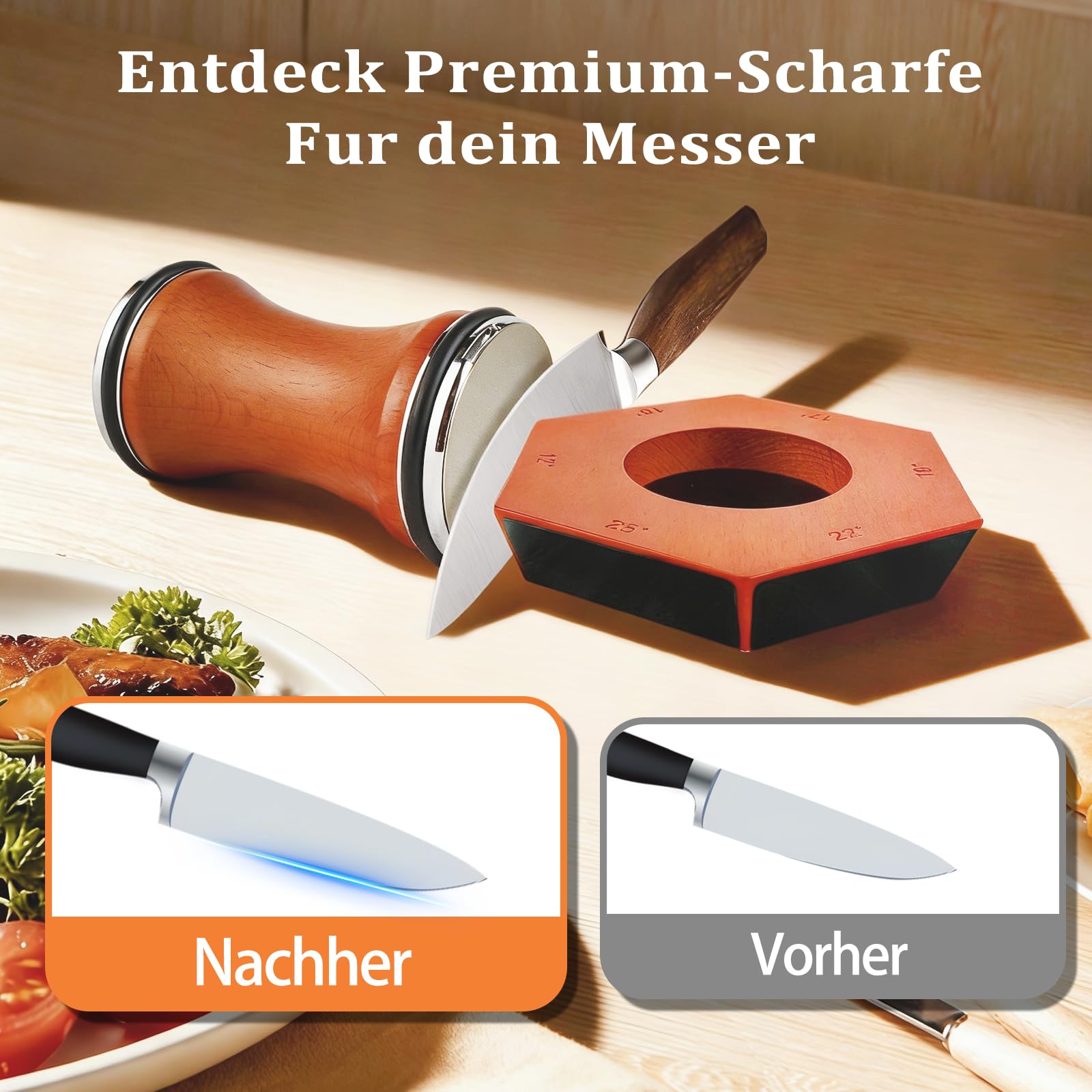 Rollschleifer Messerschärfer 12°/15°/17°/19°/22°/25° Schärfwinkel, Rollschleifer für Messer mit Magnet, Diamant-Schleifstein für jede Stahlhärte, 4 Klingen, rollender Messerschärfer