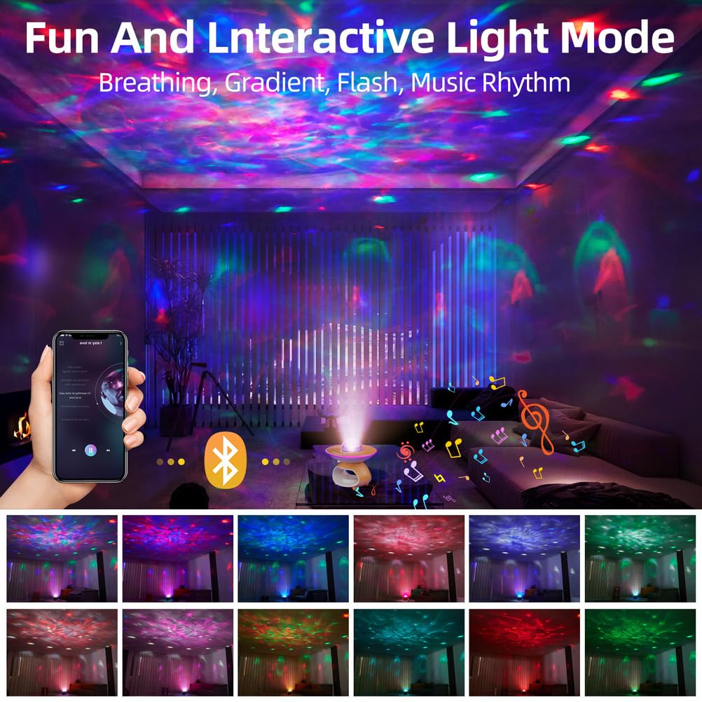 OOWOKS Proiettore cielo stellato Lampada da tavolo LED Smart senza fili con telecomando 15W Caricatore wireless Lampada d'atmosfera con altoparlante Bluetooth 3 colori + RGB Proiettore stellare,A