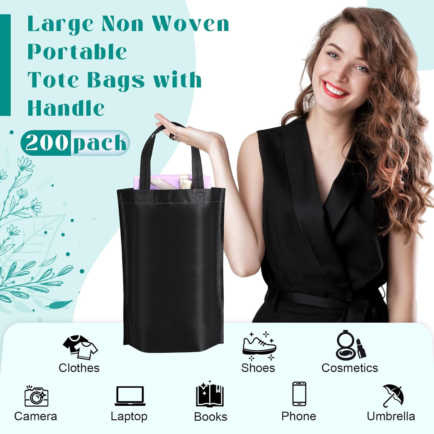 Windyun Reusable Grocery Bags Large Non Woven Shopping Bags with Handle Foldable Portable Tote Carryall Bulk 11.8x6x13.8 Inch - Image 2