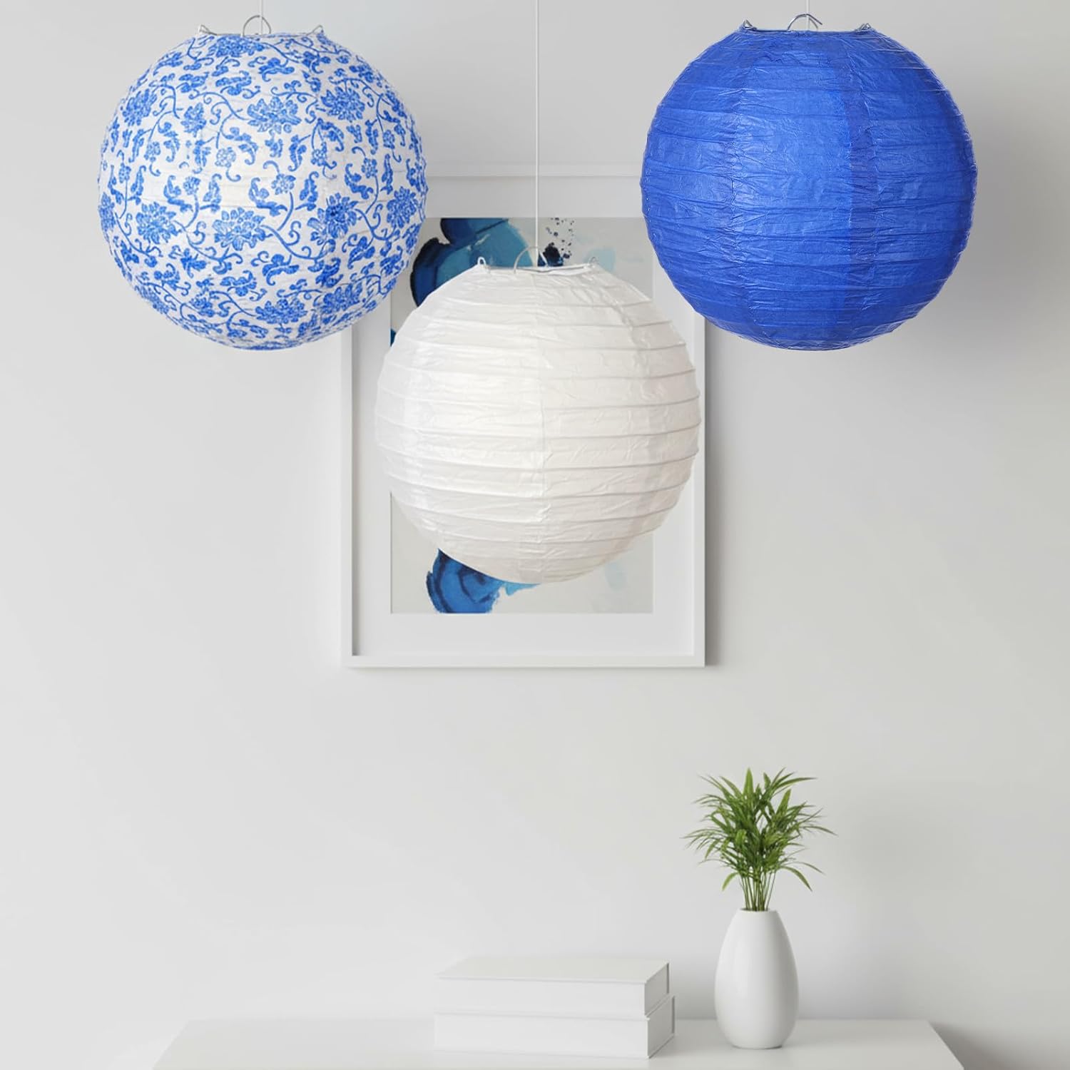 18 Pcs Chinese Lanterns Decorations Set, 8 & 10 Inch Blue White Porcelain Print Chinese Paper Lanterns with Metal Frame for Wedding Party Home Ceiling Decor