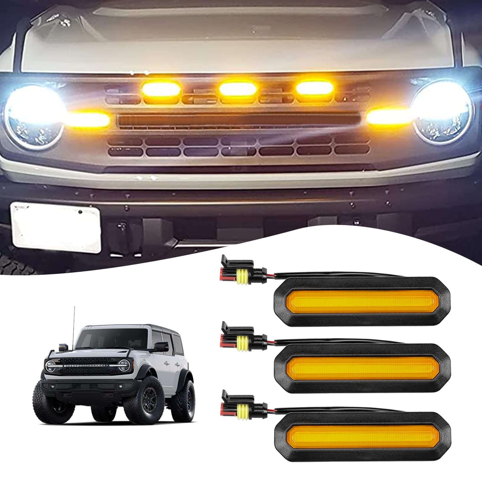Klutchtech Bronco Grille Lights - 3Pcs LED Ultra Bright Amber Front Grille Marker Lights with Fuse & Wiring Harness - Compatible with Ford Bronco 6th Gen. 2021+ Base/Black Diamond Trim
