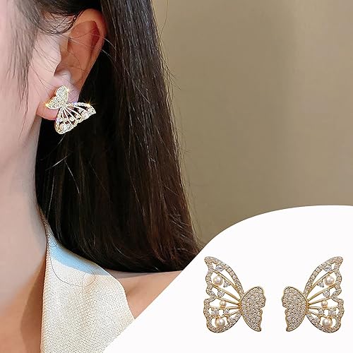 Miniatura 2 de kdhgoo Pendientes de plumas de ala de ángel de mariposas, aretes de perlas de mariposa, aretes con tachuelas para mujer, aretes de mariposa