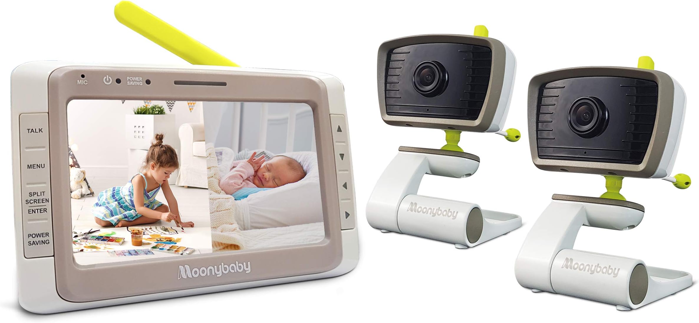 moonybaby Split 50 Baby Monitor with Camera and Night Vison, 5" Split Screen - Wide-Angle, Wireless, 2-Way Audio & Long Range, Temperature Sensor, VOX Mode & Long-Life Battery - 2 x Cameras, Indoor
