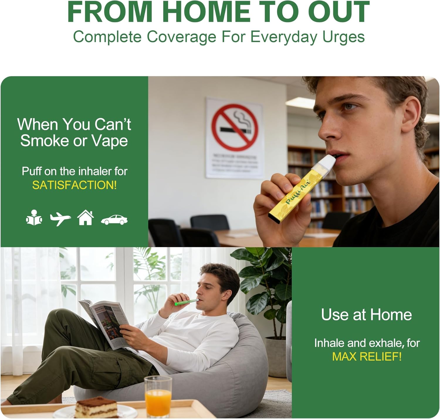 PUFFIAIR Mullein Herbal Air Set | Nicotine-Free Smokeless Non-Electric Vaporless, Usable Anywhere – Reduce Cravings & Fatigue, Lung Comfort & Breathing Support，2 Pc (Green & Yellow, 3pc)
