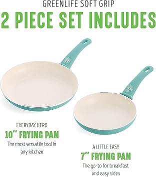 GreenLife Non Stick Fry Pan Set (7 & 10), Non-Toxic PFAS-Free Ceramic Skillets, Dishwasher & Oven Safe, Egg Omelet Frying Pans, Stay- Cool Handles, Kitchen Home Cooking Essentials, Turquoise