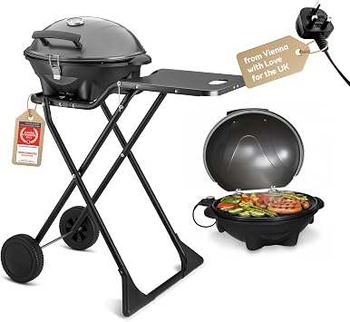 TZS First Austria - Electric Grill 2 in 1 Table & Standing Grill 2400W - Compact & Foldable BBQ for Balcony & Terrace with Lid & Trolley - Cable-bound Kettlegrill with Thermometer & Drip Tray
