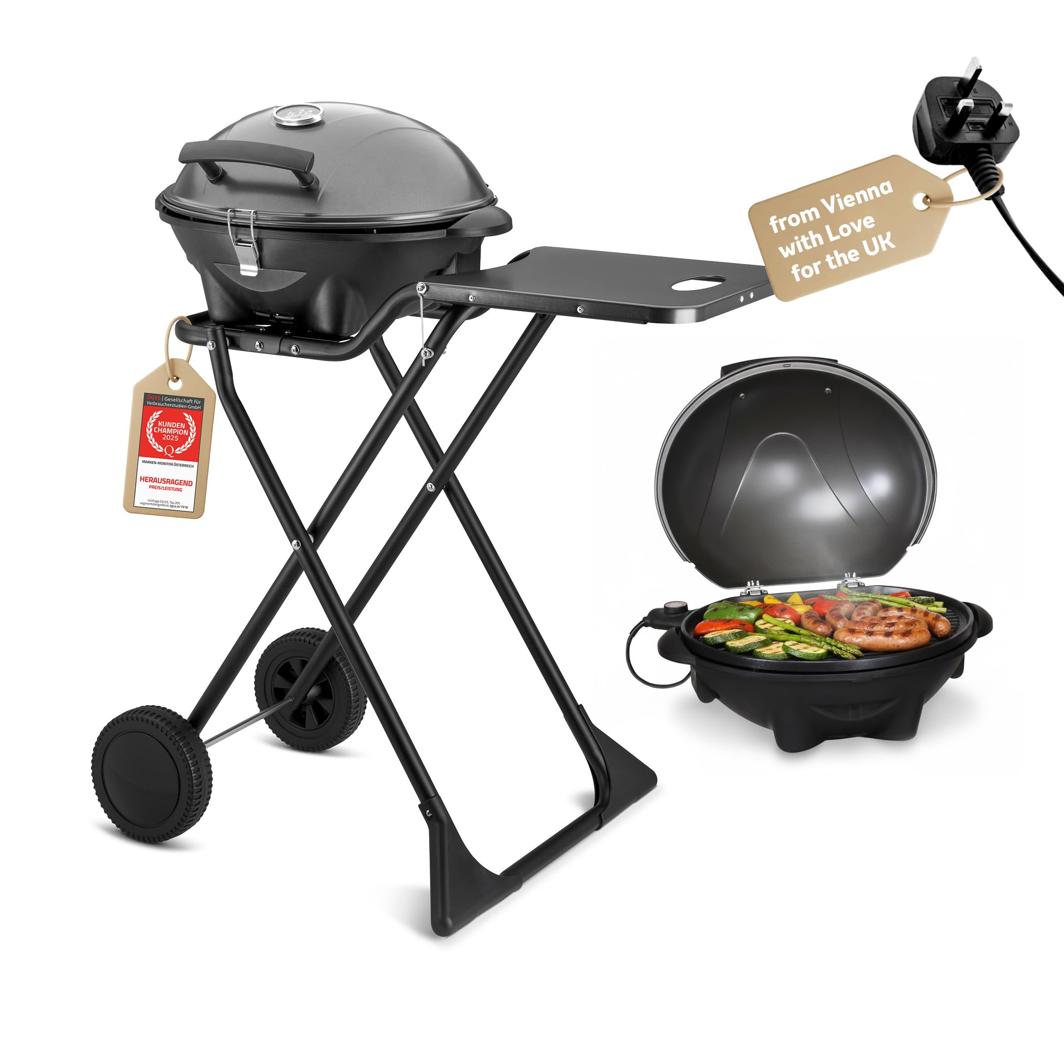 TZS First Austria - Electric Grill 2 in 1 Table & Standing Grill 2400W - Compact & Foldable BBQ for Balcony & Terrace with Lid & Trolley - Cable-bound Kettlegrill with Thermometer & Drip Tray