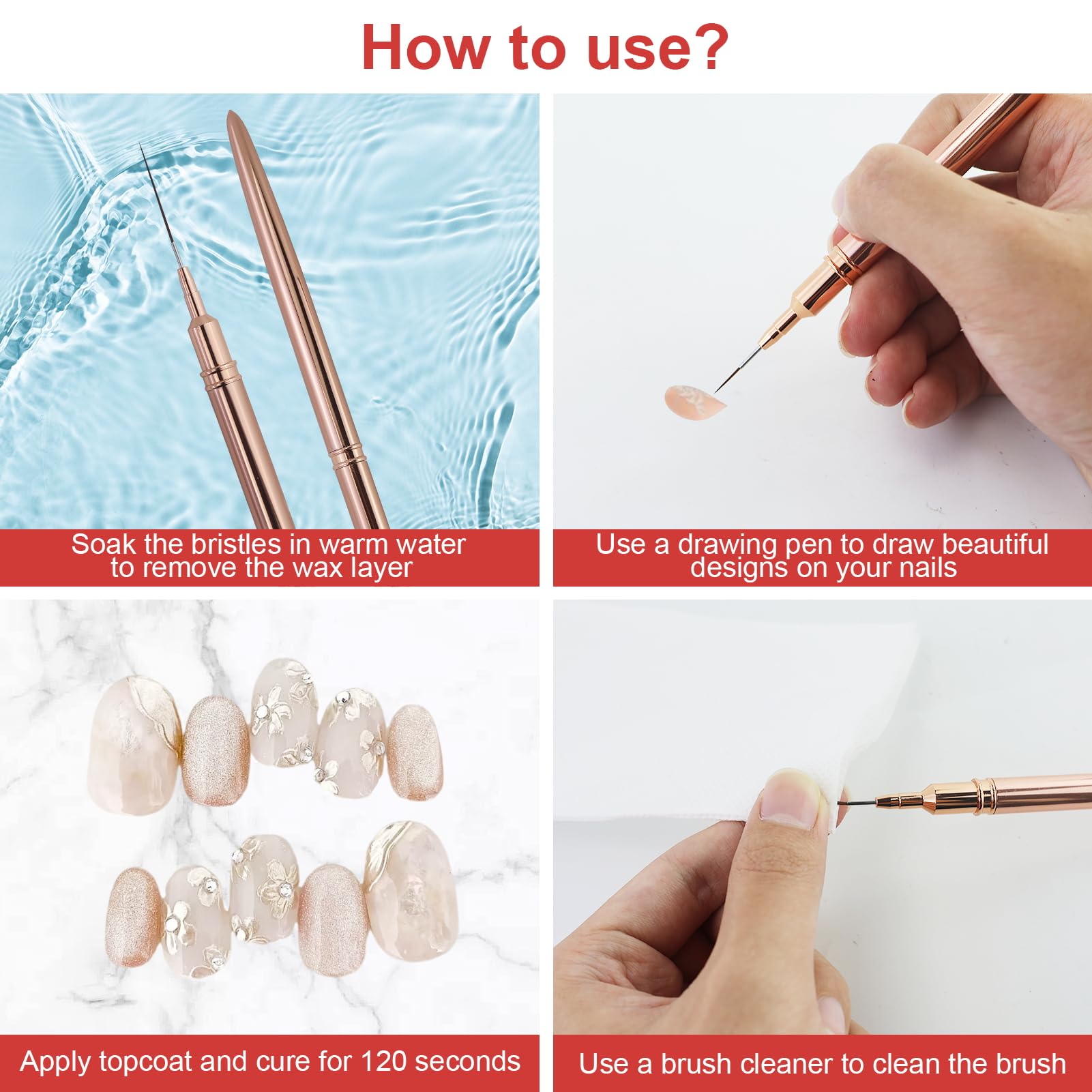 5Pcs Nail Art Liner Brushes,Nail Art Tools,Painting Nail Art Brushes for Long Lines, Details, Fine Drawing Nail Dotting Drawing Tool Set 7mm/9mm/11mm/15mm/25mm(Gold) - Image 4