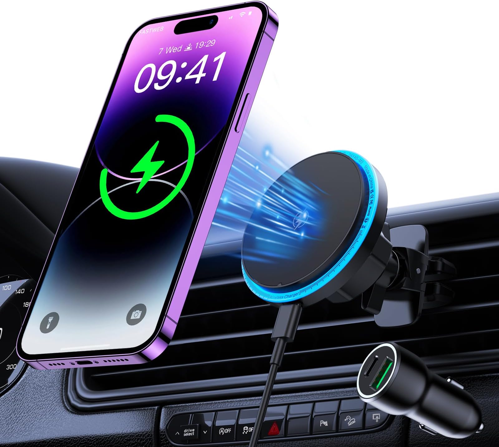 Support Chargeur Voiture Sans Fil Magsafe Pour IPhone 12/13/14 - Montage Sur Aération - Câble Inclus