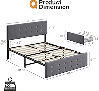 Vista 2 de Base de cama tamaño Queen con 4 cajones de almacenamiento, base de cama tapizada gris con cabecera y listones de madera, no necesita somier (Queen)