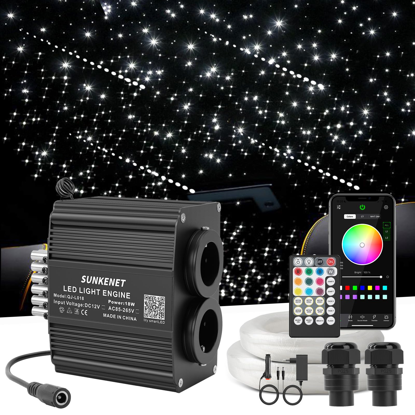 18W Twinkle&Meteor 2-in-1 RGBW Ciel Etoile Voiture, 1000pcs*0.75mm*3m+Shooting Star Light Kit avec Bluetooth/Télécommande, Fibre Optique Lumineuse+Adaptateur+Prise pour Voiture/Maison