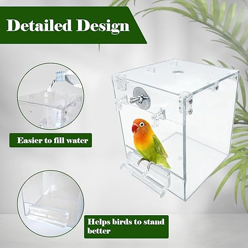Miniatura 5 de kathson Caja de baño acrílica para pájaros, tina transparente sin fugas para jaula, tubo colgante, caja de ducha, accesorio con inyector de agua,