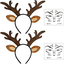 2 Pieces Animal Ears Headband + 2 Pieces Face Deer Tattoo, Deer Costume Headdress Headband, Deer Antlers Headband for Carnival Costume Theme Party Halloween Cosplay