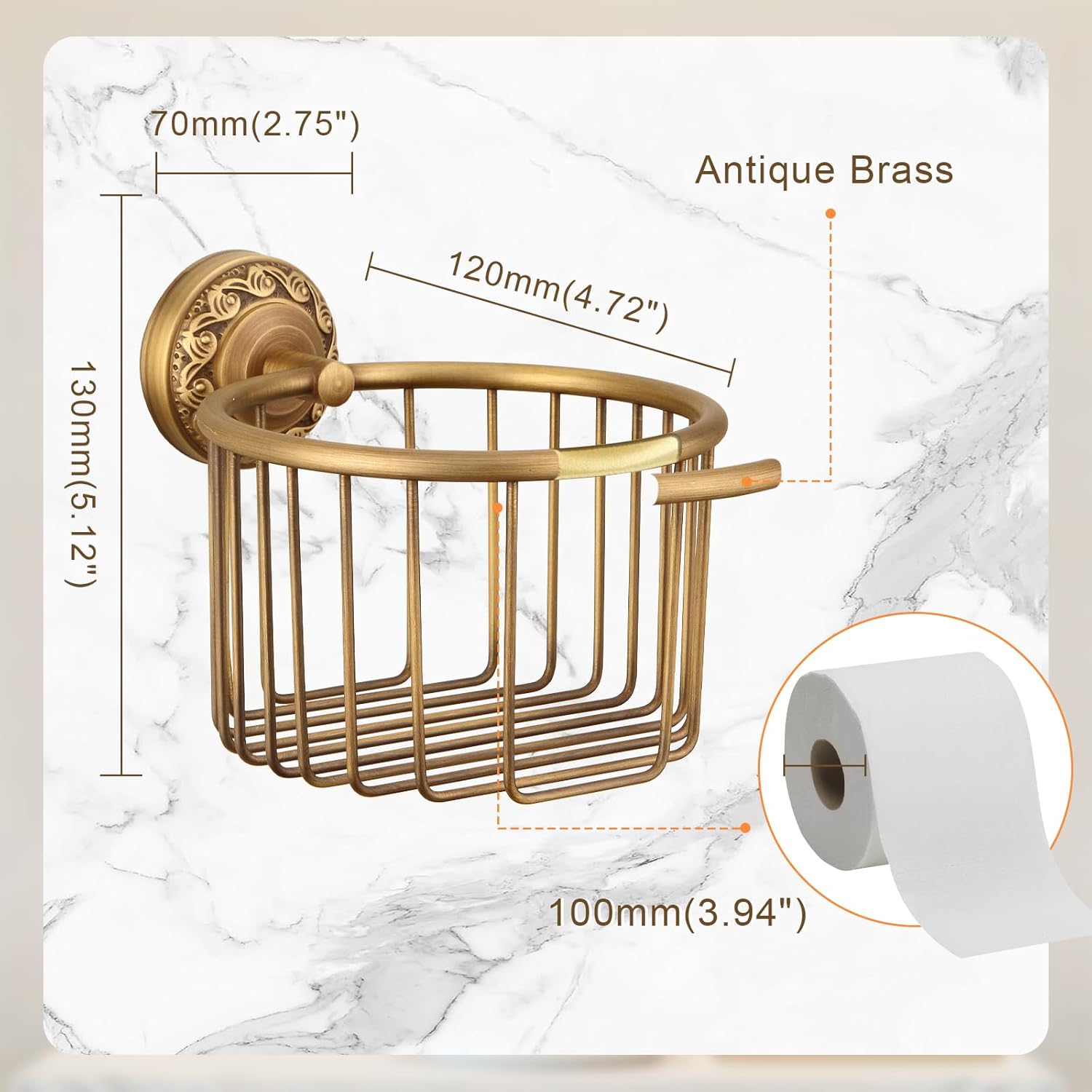 Vintage Wall-Mounted Toilet Paper Holder with Wire Basket Design, Antique Brass, Wall-Mounted Bath Hand Towel Holder with Braiding Carvings, Vintage Style.