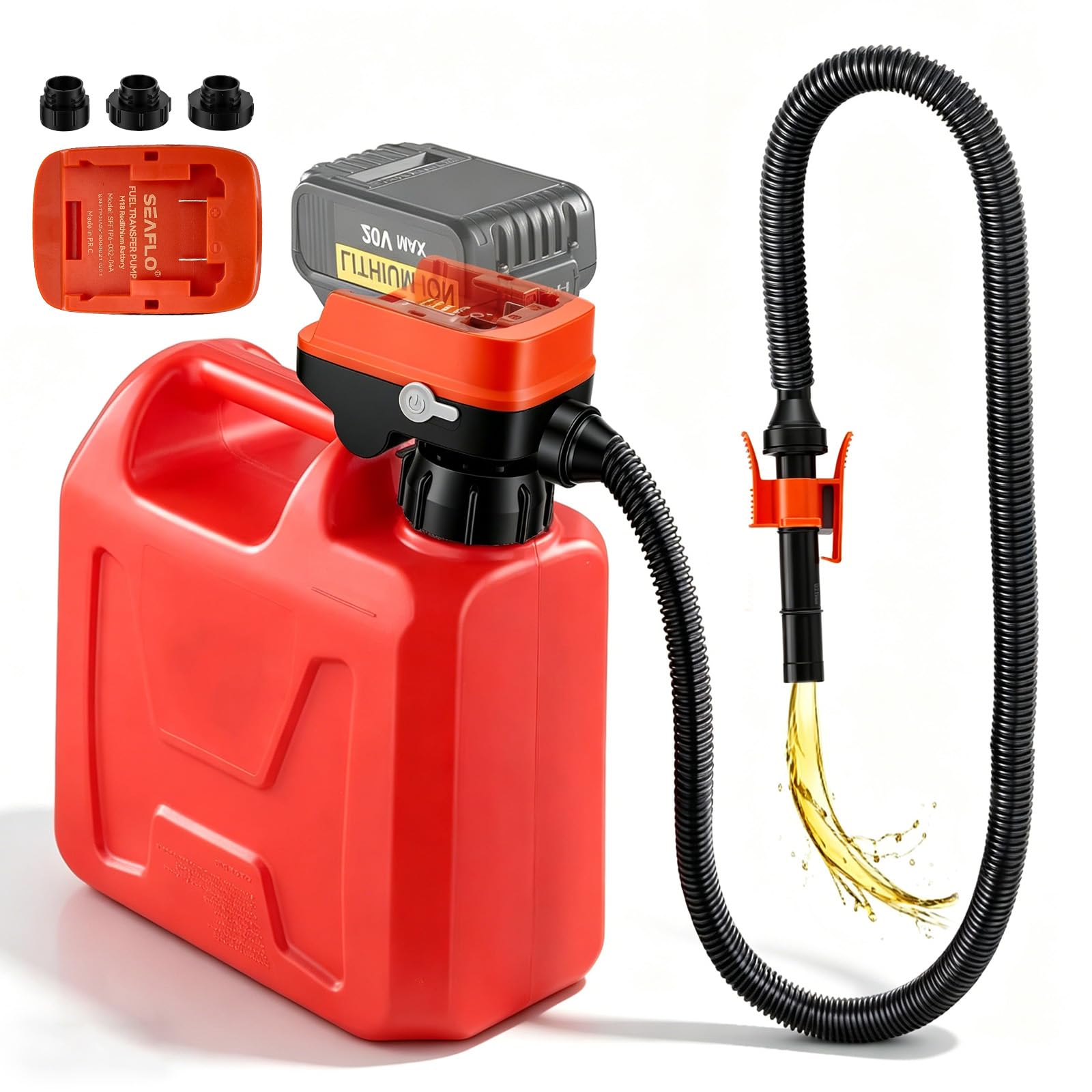 Fuel Transfer Pump 3.2 GPM with Auto Stop, Portable Electric Petrol Pump Compatible with DeWalt 20V & Milwaukee 18V Batteries, 17&41 Inch Hose, 3 Adapters for Diesel, Gasoline Orange