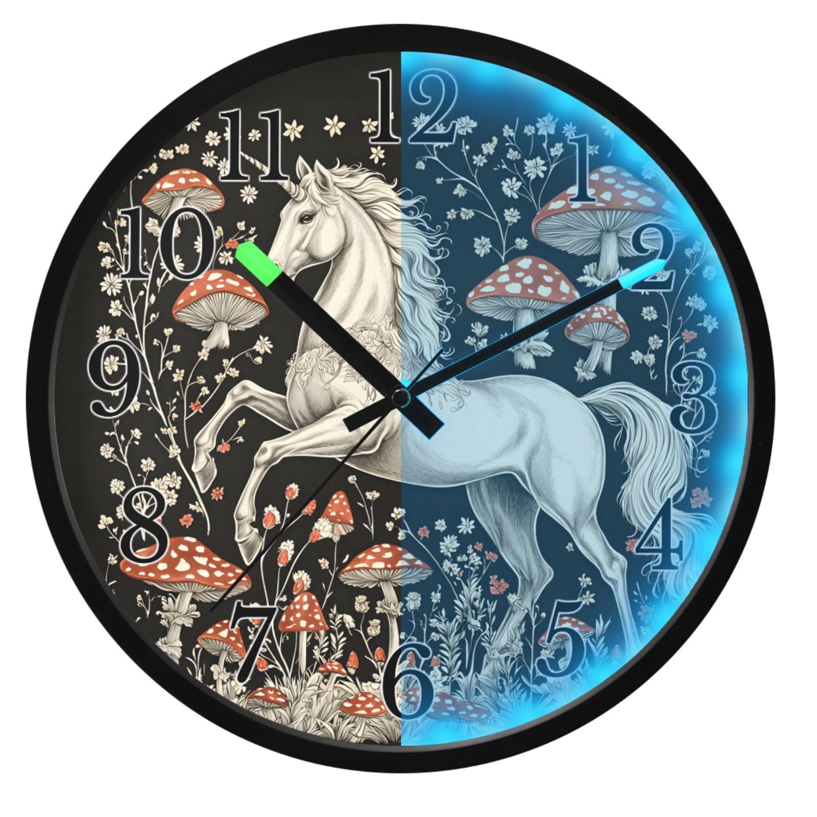 Mnsruu Reloj de pared con diseño de unicornio y hongos bohemios, funciona con pilas, silencioso, brilla en la oscuridad, para sala de estar, cocina, 30,5 cm