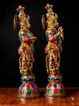 Radha Krishna Statue Brass, 51 CM Radha Krishna Idols for Home Temple, Goddess Radha Lord Krishna Hindu Divine Couple, RadheKrishna Figurine | Brass Radha Krishna with Stone Work jugal godi