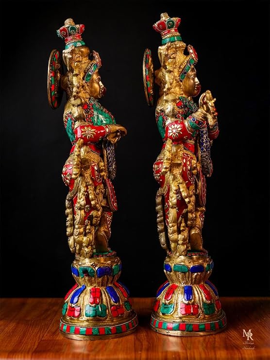 Radha Krishna Statue Brass, 51 CM Radha Krishna Idols for Home Temple, Goddess Radha Lord Krishna Hindu Divine Couple, RadheKrishna Figurine | Brass Radha Krishna with Stone Work jugal godi