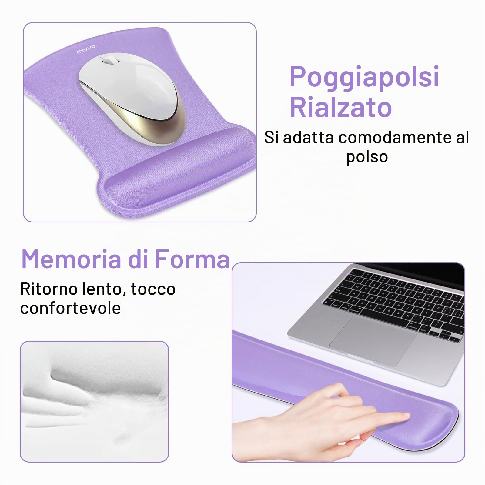 MOSISO Set Tappetini Gioco Grandi&Poggiapolsi Tastiera&Poggiapolsi Mouse&Coaster,Tappetino Mouse Ergonomico Antiscivolo&Cuscino Digitazione Facile con Memory Foam L'Ufficio Domestico,Viola
