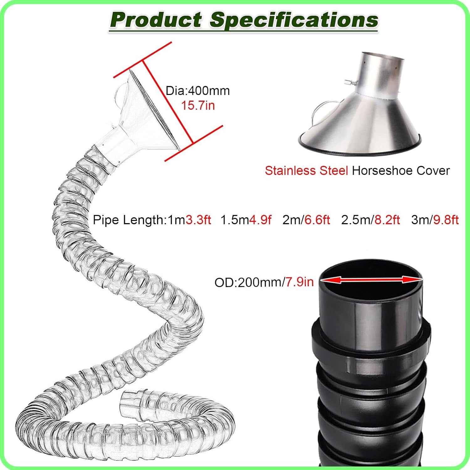 Flexible Air Extractor Duct Collector Arm with Hood, Articulated Hose 3.3-9.8ft for Labs & Workshops, Gray (L-3M/9.8ft, OD200mm/7.9") - Efficient Fume Removal