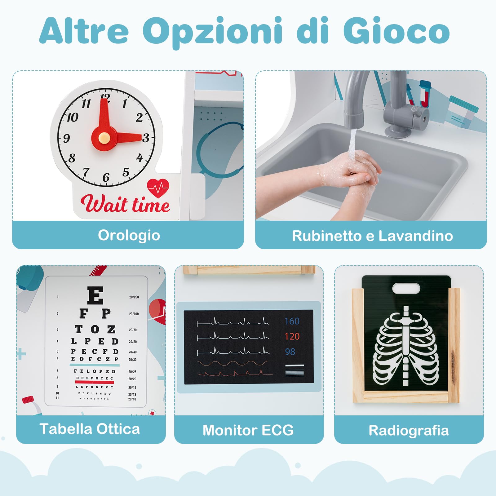 RELAX4LIFE Set da Gioco Dottore in Legno, Attrezzo Medico Giocattolo con Tetoscopio, Tabella Oculistica e Monitor ECG, Giocattolo Educativo per Bambini 3+ Anni (Blu)
