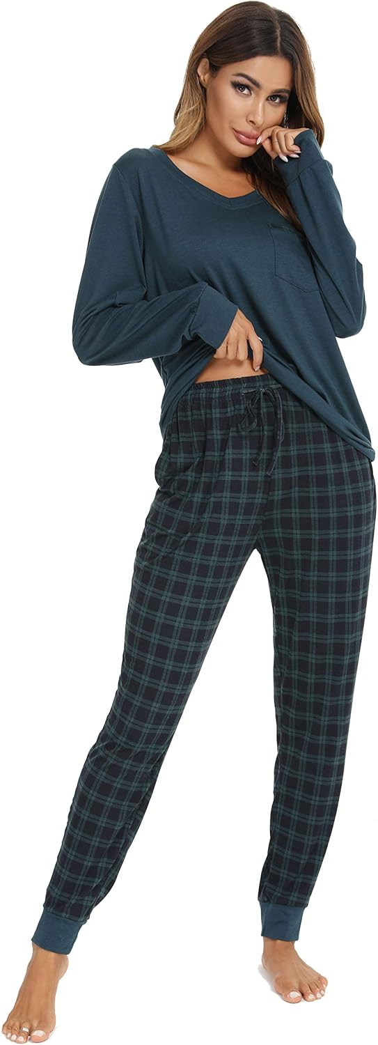 Vlazom Women's Pajama Set 2 Pieces Soft Sleepwear Set Warm Long Sleeve Sweatshirt and Long Plaid Pants with Pockets S-XXL - Image 2