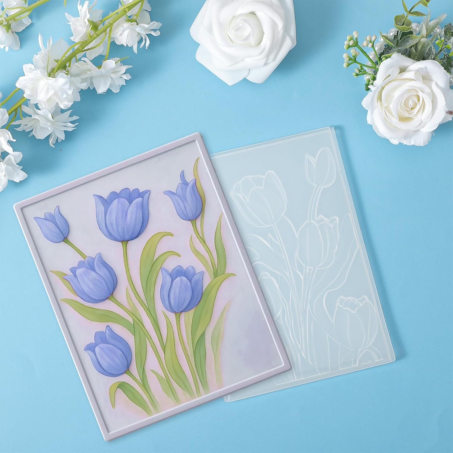 Elegaperma 3D Embossing Folders,Tulip Flower DIY Art Craft,Clear Template | 3D Embossing Folders for Card Making, Floral Embossing Plates for Scrapbooking Photo Album and DIY Stationery