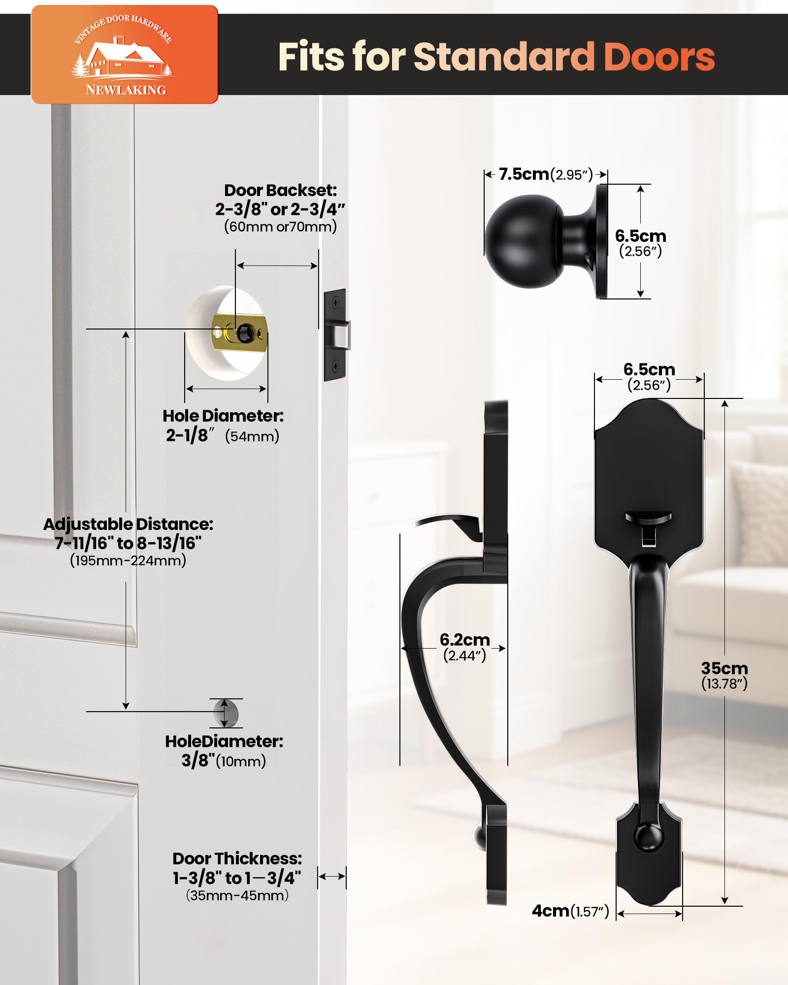 Manija de puerta delantera con perilla reversible, negro mate, aleación de