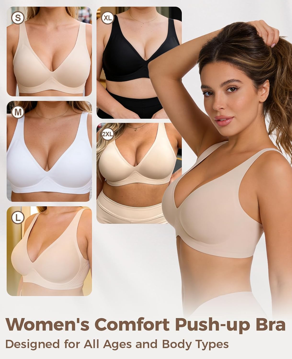 Jelly Wireless Bra Seamless Deep V Push Up T-Shirt Comfortable Plunge No Underwire Bras with Adjustable Straps Everyday Bras