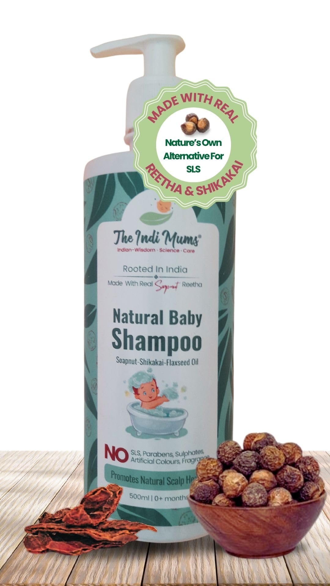 Indimums Reetha-Shikakai Natural Baby Shampoo - Promotes Healthy Scalp & Hair, Gentle, Tear-free, Easy-to-Wash & Moisturising, 0 months+, 500ml
