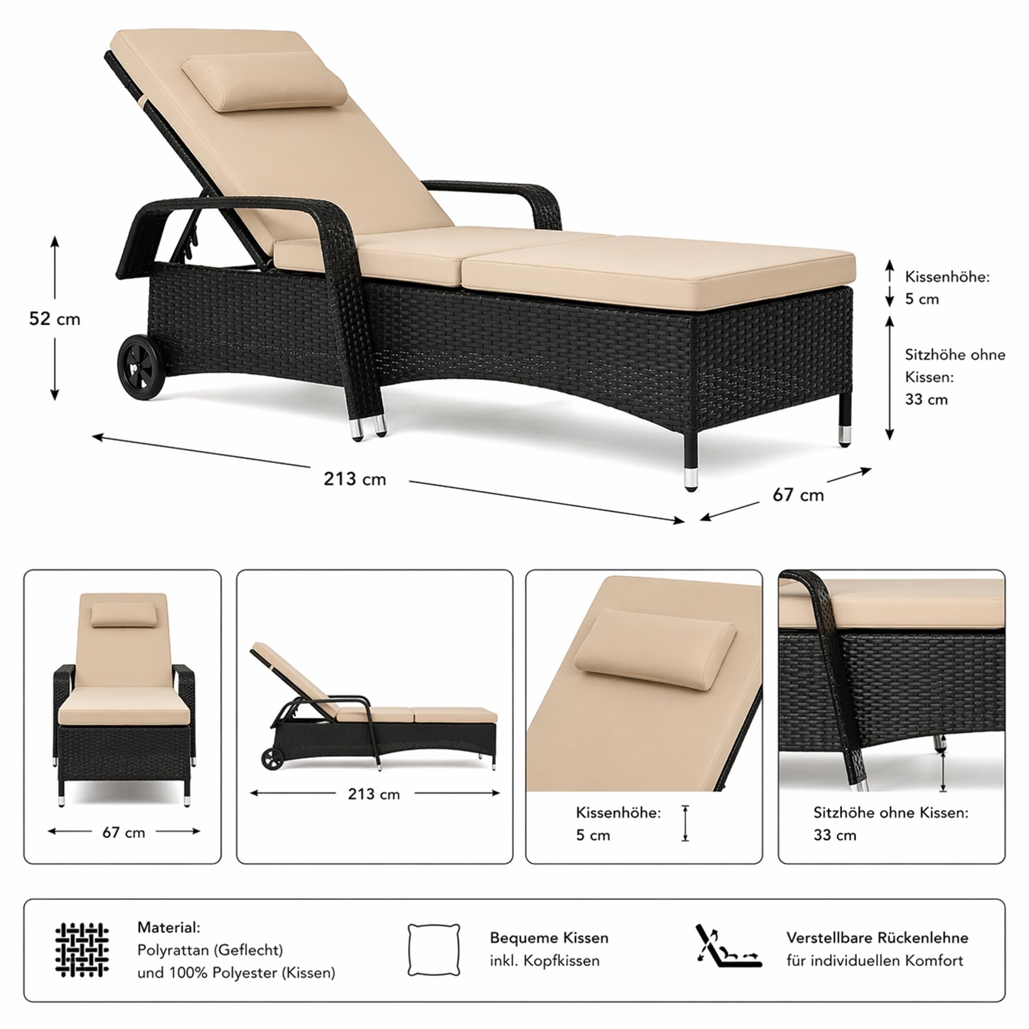 Mucola Sonnenliege mit Rollen Polyrattan – wetterfeste Rattanliege mit Verstellbarer Rückenlehne, Rollliege für Garten, Balkon & Terrasse – pflegeleicht, UV-beständig, mehrfach verstellbar