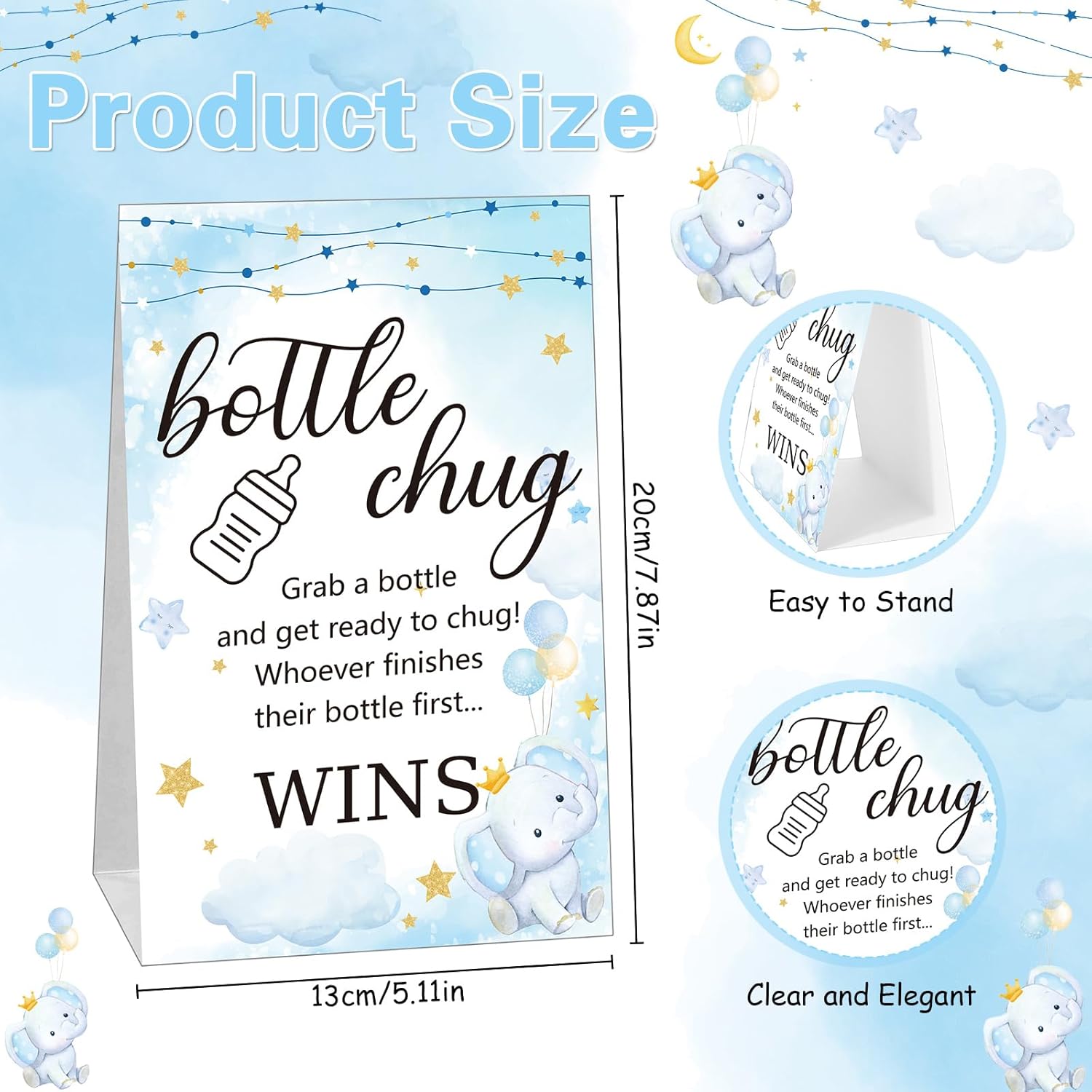 TrelaCo Cool Baby Shower Games Sets 12 Pcs Bottles with 1 Bottle Chug Sign for Gender Reveal Baby Shower Party Favors Decoration Games(Elephant,Blue)