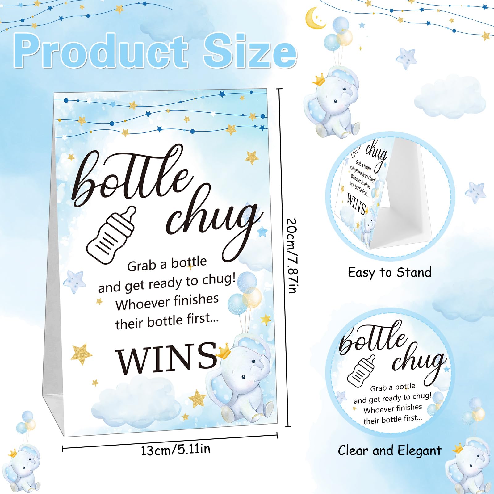 TrelaCo Cool Baby Shower Games Sets 12 Pcs Feeding Bottles with 1 Bottle Chug Sign for Gender Reveal Baby Shower Party Favors Decoration Games(Elephant,Blue)