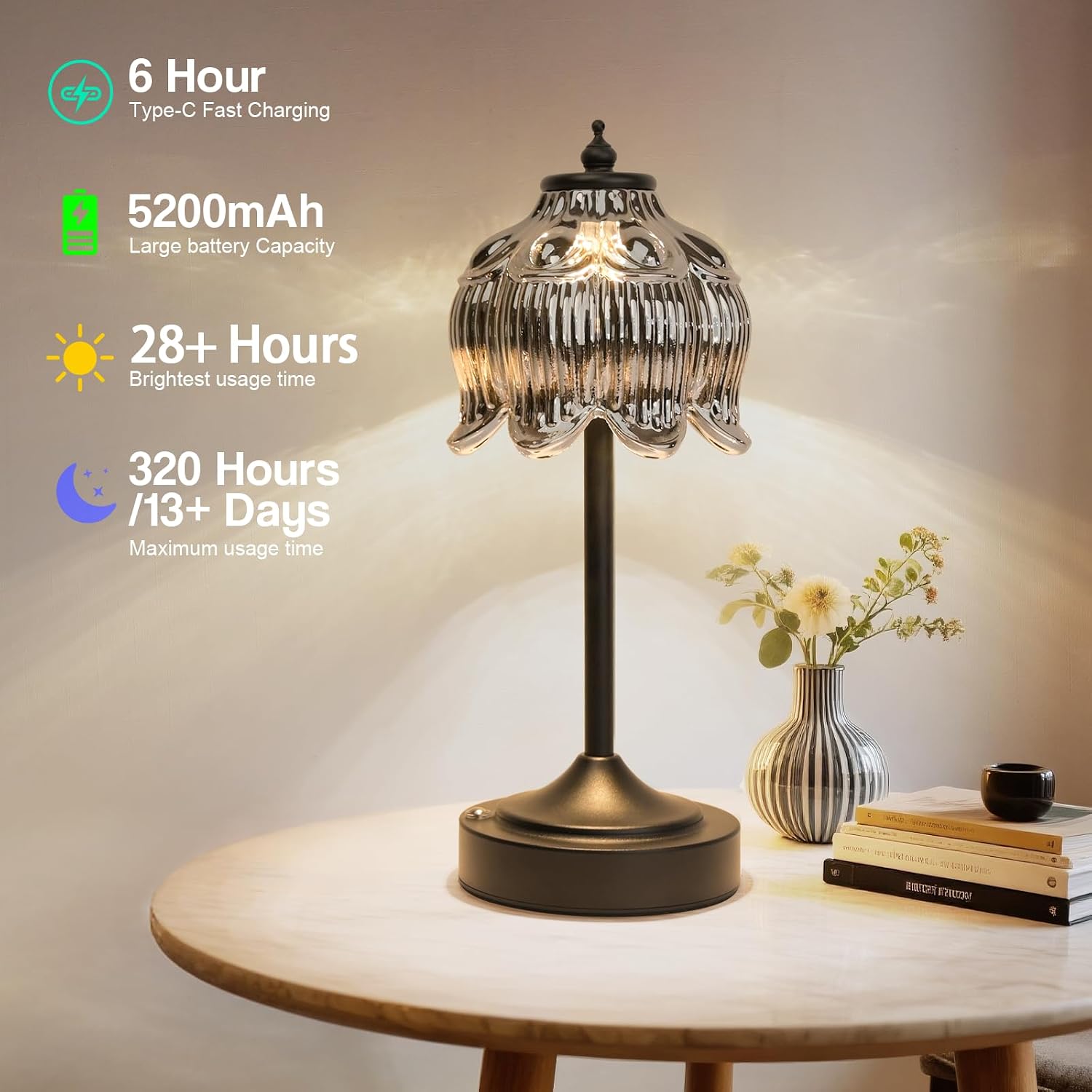 Cordless Table Lamp, Rechargeable Black Glass Lotus Flower Lamp image 4