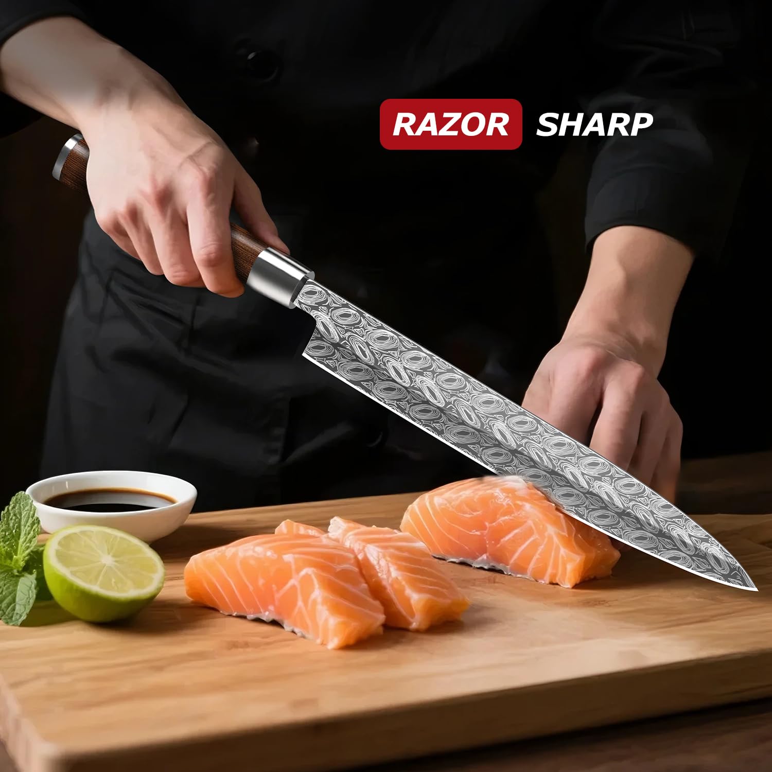 24cm Yanagiba Messer 5Cr15MoV Edelstahl, Sashimi Sushi Messer Einzelfase Klinge-Japanisches Kochmesser Profi Fischmesser Holzgriff -mit Fischgrätenpinzette (Style A)