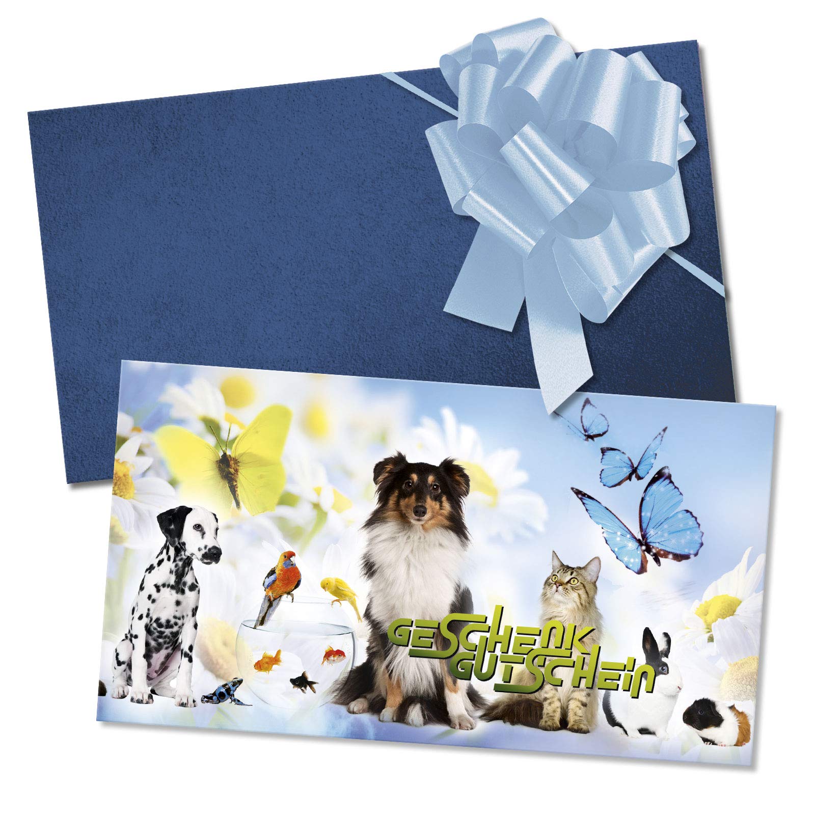 GESCHENKGUTSCHEINcom Gutschein-Set - 50 Gutscheine mit Umschlag & Schleife für Tierbedarf Zoohandlung Tierärzte, blanko zum selber Ausfüllen
