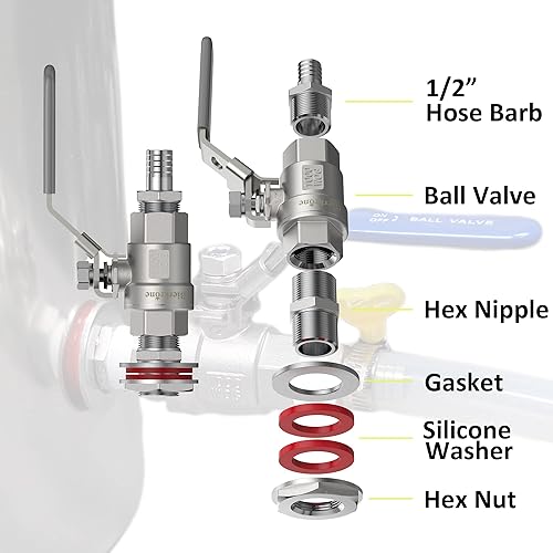 Miniatura 2 de Válvula de bola de acero inoxidable 304 con lengüeta de manguera de 12 pulgada y mamparo sin soldadura, palanca bloqueable, con juntas de silicona