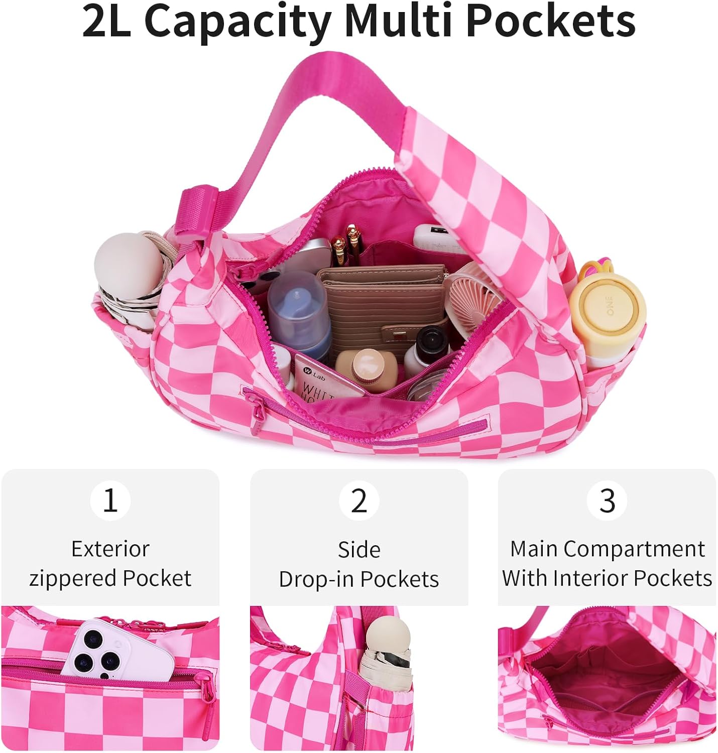 FODOKO Crescent Shoulder Bag for Women Checkered Purse Small Cute Clutch Hobo Handbags Nylon Quilted - Image 4