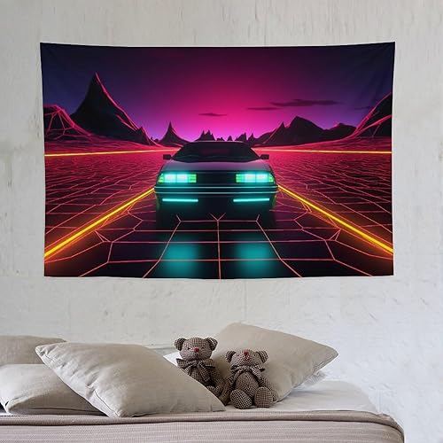 Miniatura 6 de QEOPGNE Large Tapestry Wall Hanging Decor Retro Neon Futuristic Car Sunset Synthwave Retrowave Large Tapestry Wall Decor for Bedroom Aesthetic