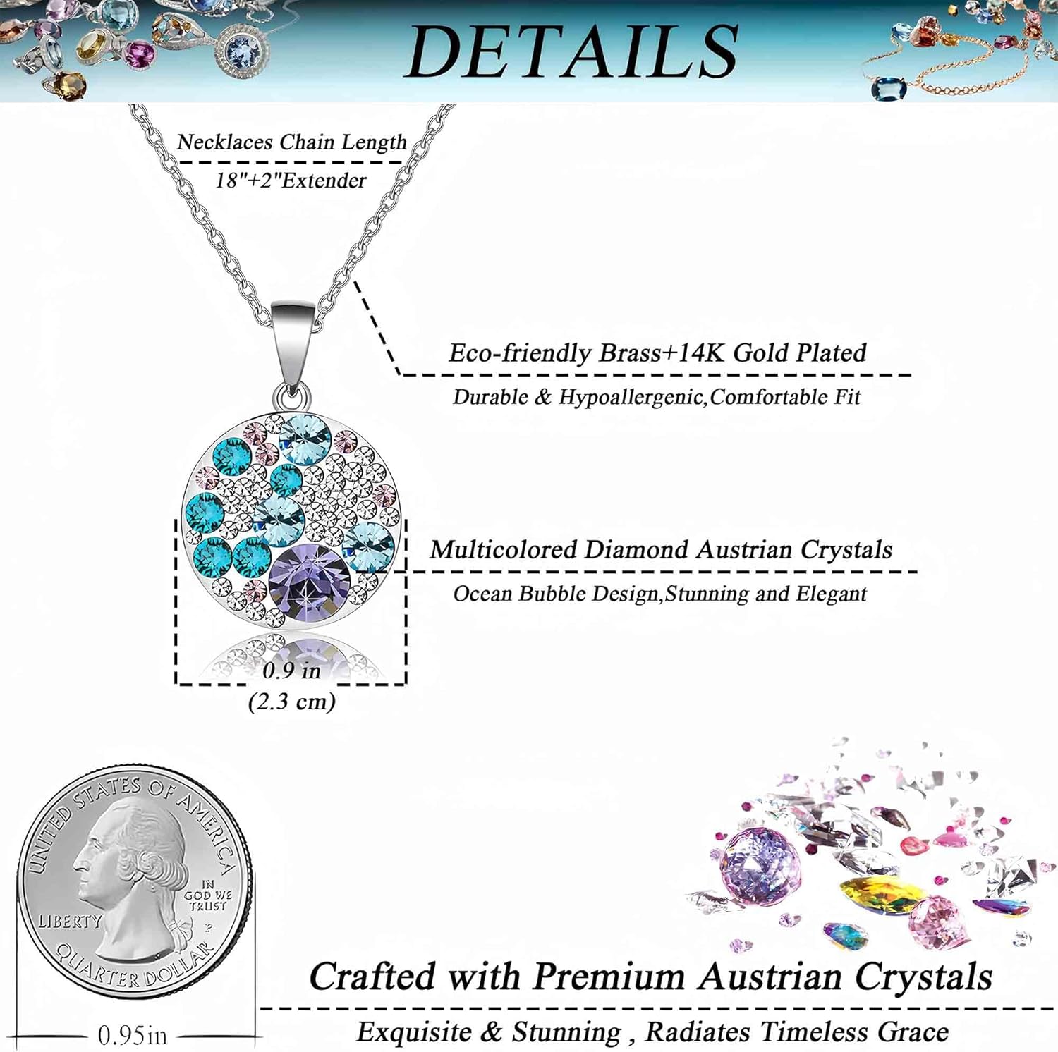 EVEVIC Austrian Crystals Round Disc Pendant Necklaces for Women Fashion 14K Gold Plated Hypoallergenic Dainty Jewelry - Image 4