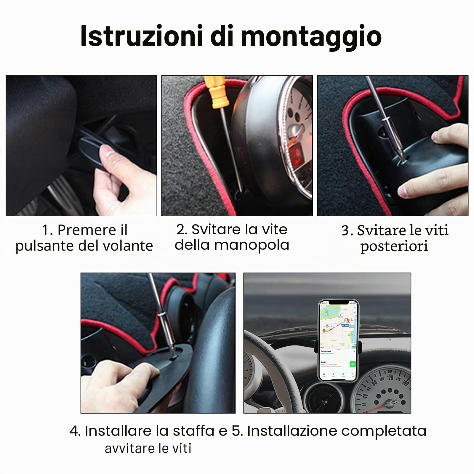 KUNGKIC Supporto per telefono auto Supporto regolabile per telefono auto compatibile con Mini Cooper R50 R52 R53 Accessori interni 360°Rotazione in lega di zinco ABS (nero)