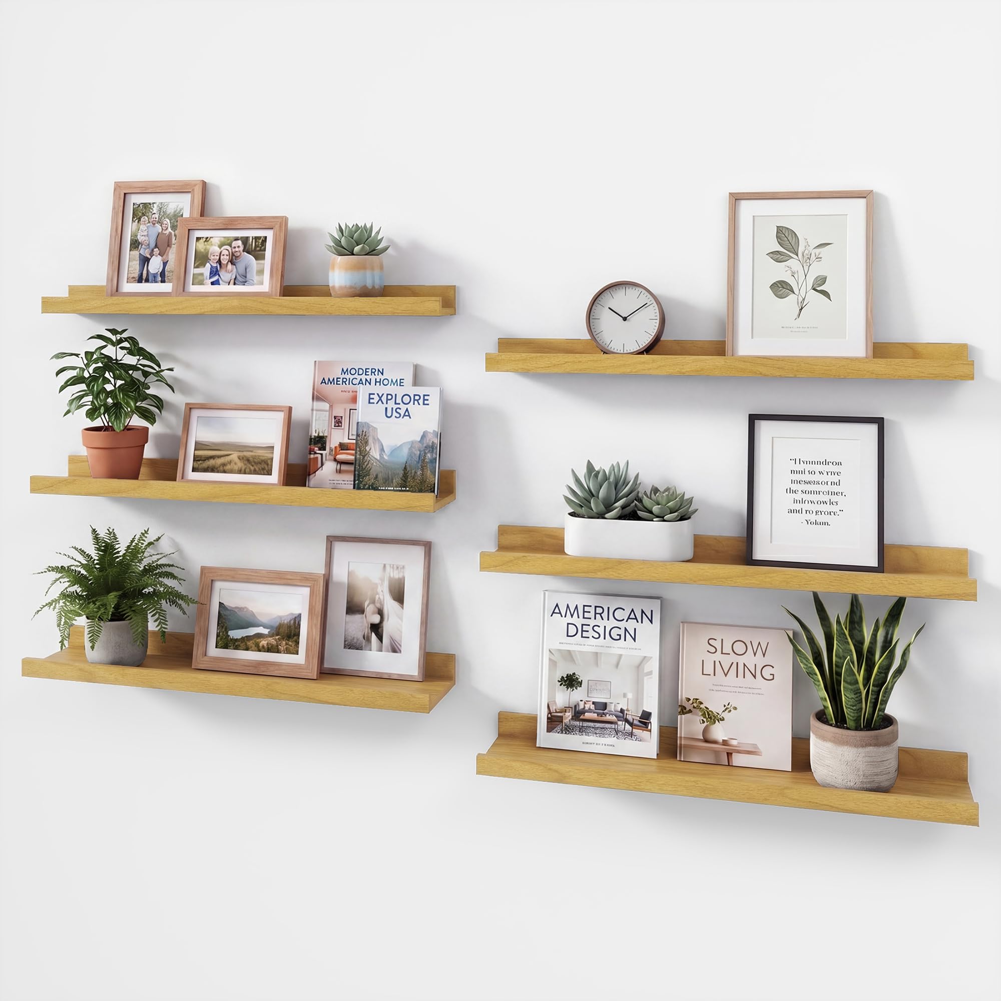 Acovy Floating Shelves Set of 6, 24 Inch Wall Mounted Picture Ledge Shelf with Lip, Oak Display Shelves for Living Room, Bedroom, Nursery, Bathroom & Kitchen — image 1