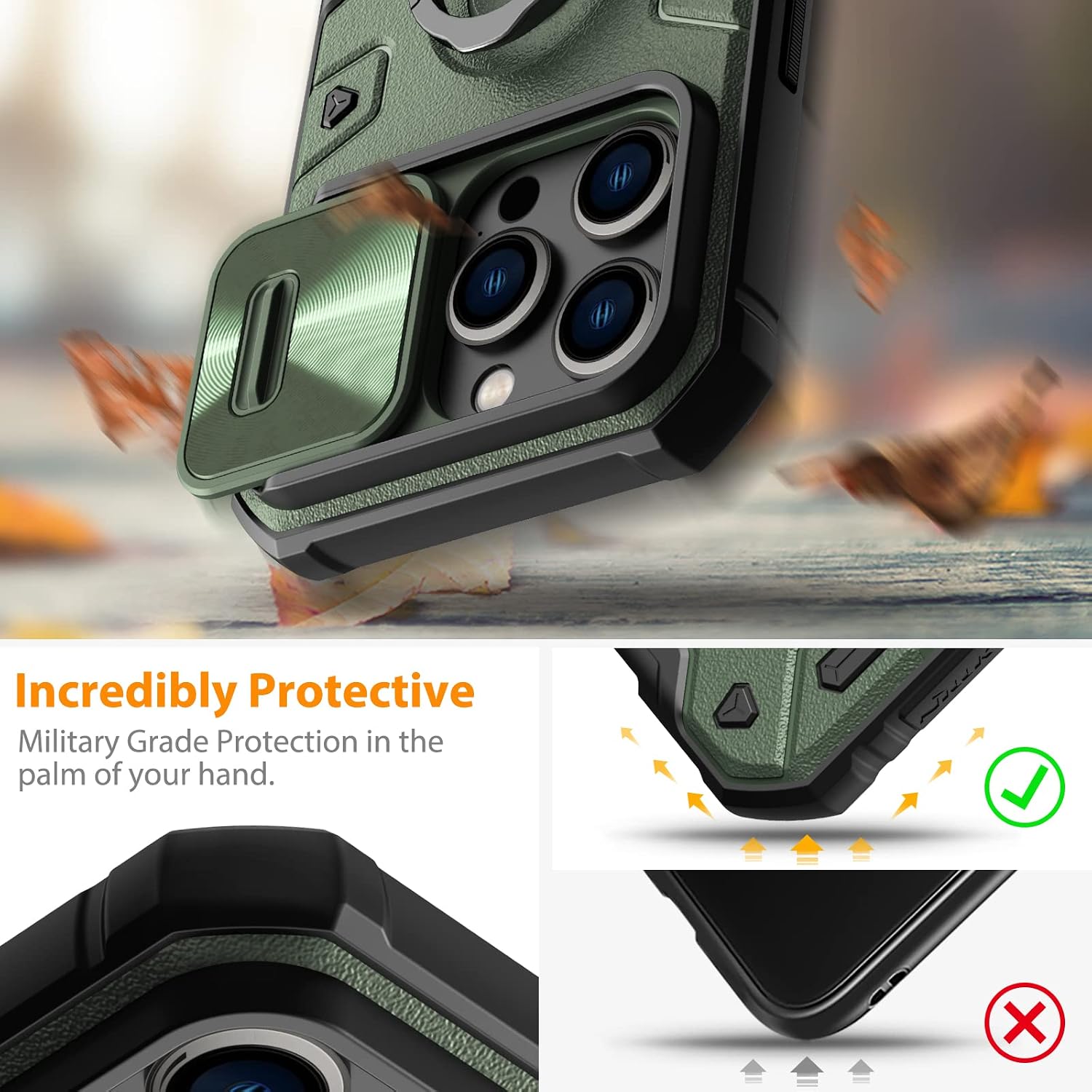 Nillkin for iPhone 14 Pro Magnetic Case,Compatible with MagSafe, Military Grade Protection, CamShield Armor 14 Pro Car Mount Case 6.1’’, with Slide Camera Cover,Built-in Magnet Circle (Tough Green)
